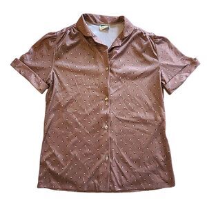 Vintage 70's Pretty Tops Womens Brown Geometric Button Polo Blouse Medium